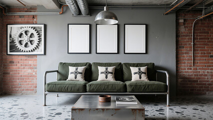 Industrial Living Room Layout Design Decorative Painting Frame and Modern Sofa Arrangement