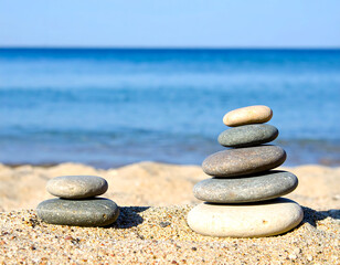 Serene zen stones balance on a sandy beach, ocean backdrop. Symbol of peace, harmony, wellbeing. Ideal for travel, spa, meditation themes,  stress relief.