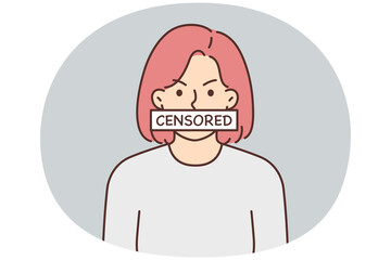 Angry woman with censored sign covering mouth symbolizes violation democracy