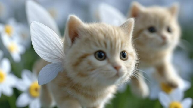 Winged Wonder: A pair of adorable fluffy kittens, one adorned with ethereal wings, frolic amidst a bed of delicate white blossoms. This whimsical scene evokes a sense of wonder and joy.