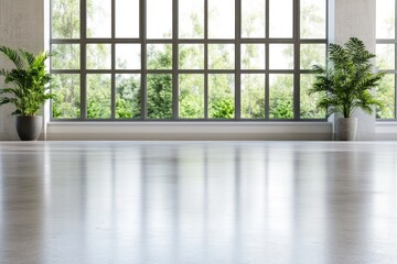 Bright interior with large windows and green plant near empty room space