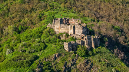 Aerial drone landscape of Soimos Fortress built in 1278, Arad county, Romania, Europe	

