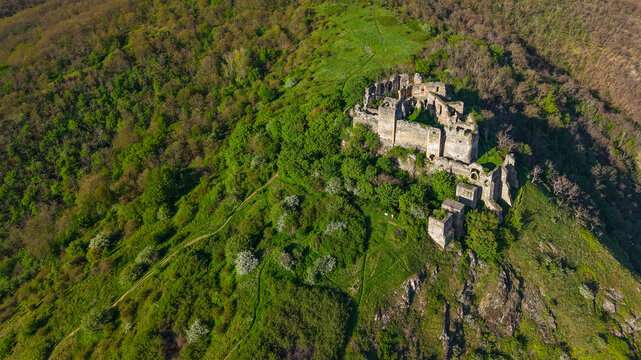 Aerial drone landscape of Soimos Fortress built in 1278, Arad county, Romania, Europe	