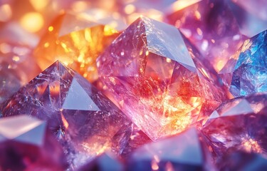 Colorful, multifaceted crystals, glowing in a vibrant display.