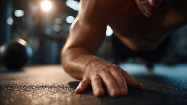close up of the hands of a strong man doing pushups with one arm only, inside a gym, at daylight --chaos 10