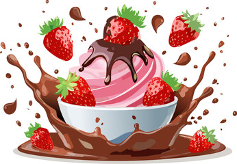 A swirl of pink strawberry ice cream with chocolate syrup splash and fresh strawberries, illustrated in a fun and colorful cartoon style on a white background.