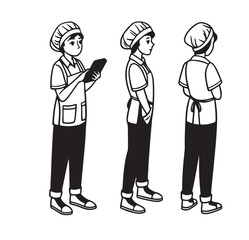 Manufacture quality control worker wearing hairnet, uniform holding scanner. Character for animation. Front, side and back view set. Body parts, postures, poses collection. Vector illustration