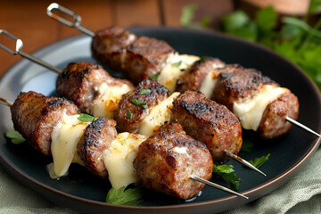 Delicious sausage and cheese skewer served as a savory appetizer at a gathering