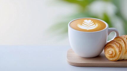 Closeup of a latte art coffee in a white mug with a pastry on a wooden tray, soft lighting and blurred green background.