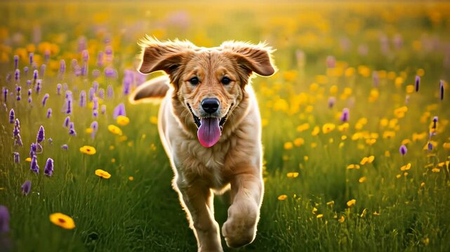 Playful puppy bounding through vibrant flower field at sunset