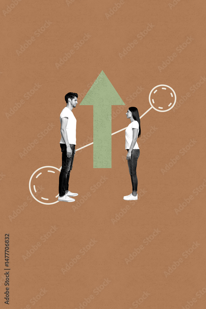 Poster image collage of person stand on brown background with drawing arrows circle shape