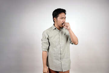 Portrait of sick person coughing, infected with virus isolated on white background. Health care...