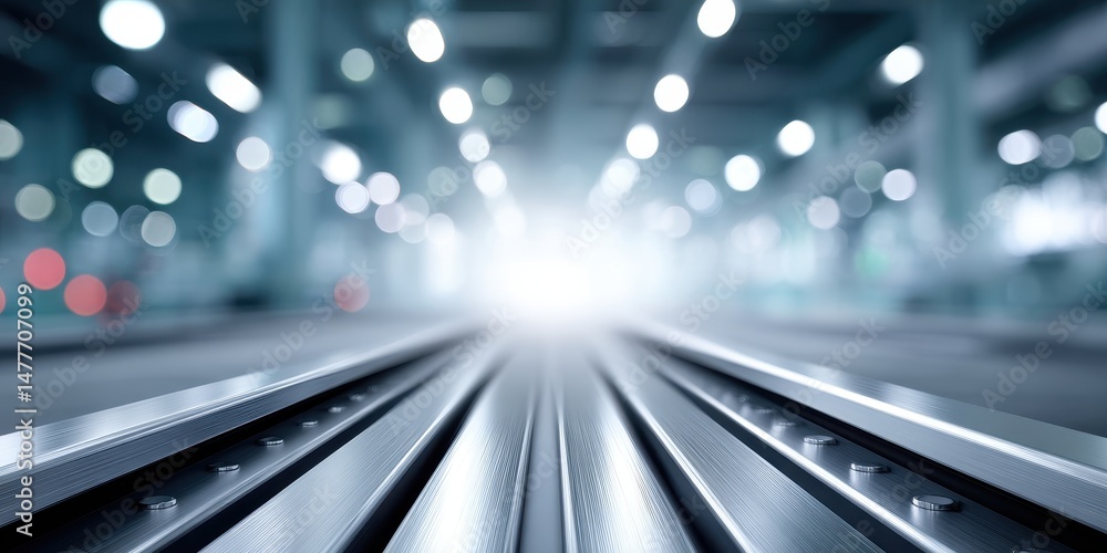 Aufkleber metallic tracks converging towards a bright light in a blurred industrial setting. the image feature