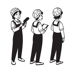 Manufacture quality control worker wearing hairnet, uniform holding scanner. Character for animation. Front, side and back view set. Body parts, postures, poses collection. Vector illustration