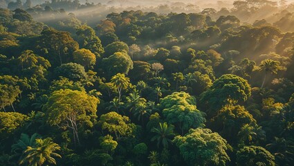 Sunrise illuminates a lush rainforest canopy, showcasing vibrant greens and golden sunlight filtering through the dense foliage.