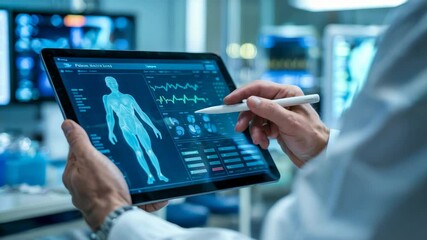 Medical professional analyzing data on tablet, Caucasian healthcare worker using digital interface in a modern medical setting. - Powered by Adobe