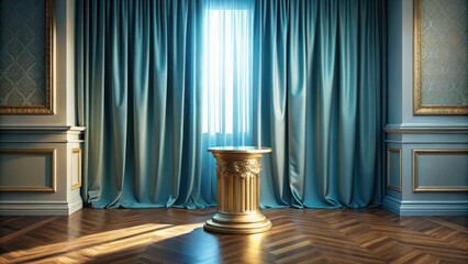 Fototapeta premium Elegant Golden Pedestal Display in a Room with Teal Drapes and Wood Floor