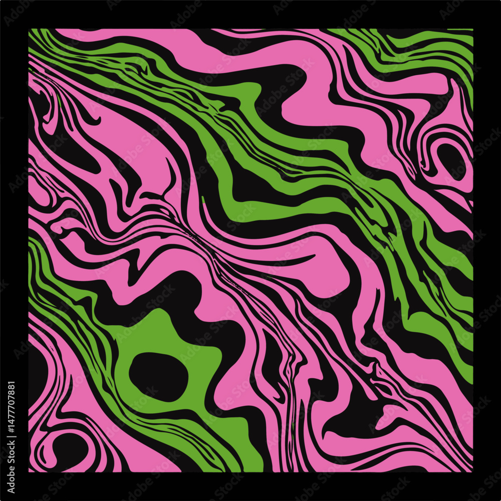Aufkleber vector illustration features an abstract pattern with flowing, wavy shapes in neon pink, green, and 