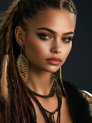 Young woman with dreadlocks and tribal makeup posing in studio