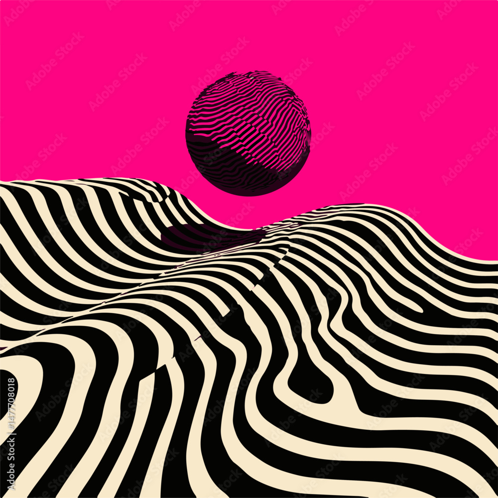 Poster vector illustration in bold op-art style: black and cream wavy lines form surreal landscape and sphe