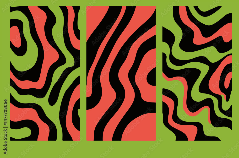 Poster modern abstract vector illustration with three vertical panels featuring wavy, organic shapes in gre