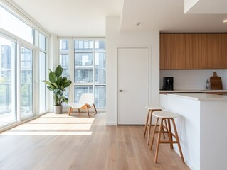 Fototapeta premium Bright modern interior with sunlight wooden floor contemporary design and plant