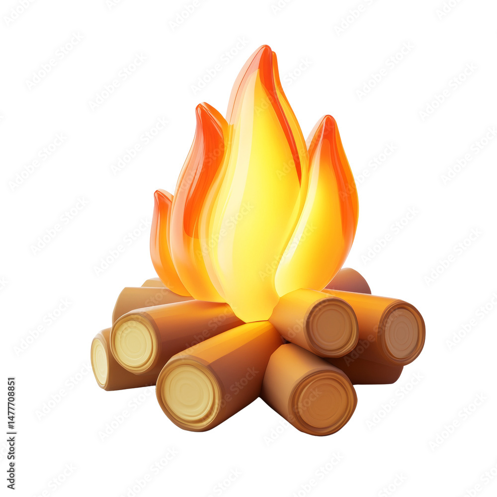 Poster stylized campfire with dynamic flames, rendered with a playful and inviting aesthetic, isolated