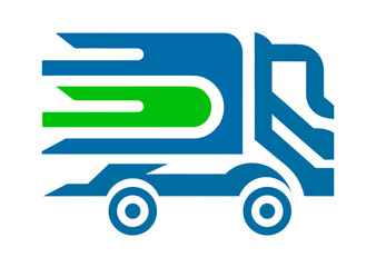 A blue and green stylized delivery truck with motion lines on a white background graphic design