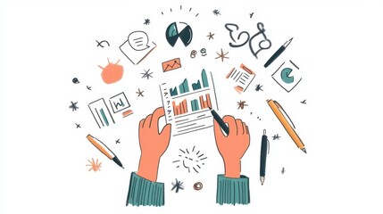 Charming hand-drawn business concept doodles featuring performance charts, risk assessment diagrams, and creative workshop scenes.