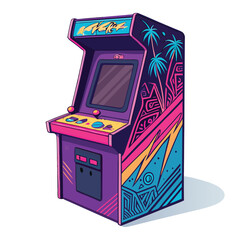 A vibrant, graffiti-covered vintage arcade game cabinet, showcasing detailed artwork and distressed textures.  The controller is prominently featured.