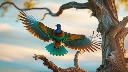 A vibrant, multicolored bird takes flight near a weathered tree branch, showcasing its iridescent plumage against a soft, pastel sky. The scene is serene and full of color.
