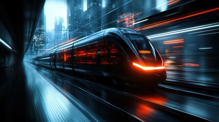 Fototapeta premium A high-speed train running through a futuristic urban landscape
