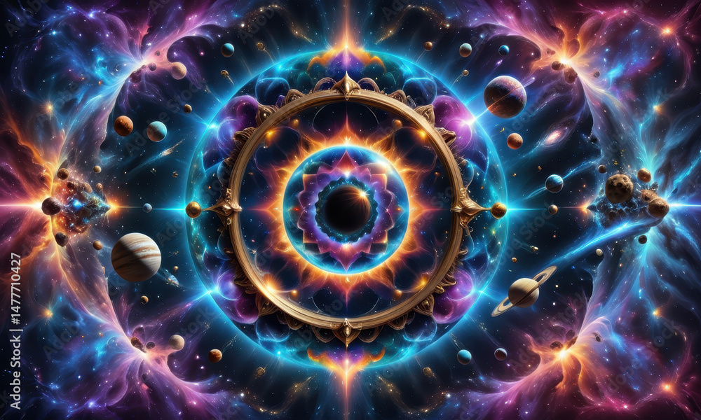 Poster planetary system with celestial bodies and a ticking clock in space