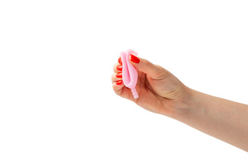 Menstrual cup in hands isolated on white background. Concept of critical days, menstruation.feminine hygiene product. Women health concept.Premenstrual syndrome.