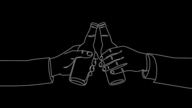 Two hands clinking bottles in a celebratory gesture on black background  