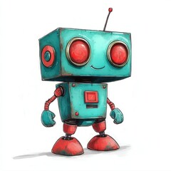 Cute cartoon robot with red eyes and rusty blue body.