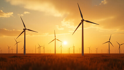 Obraz premium Wind turbines generating clean energy at sunset, showcasing a sustainable future