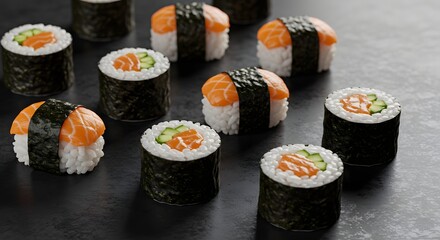 Sushi Assortment Still Life on Dark Textured Background