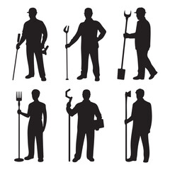 Silhouettes of Various Workers Holding Tools in Industrial Settings