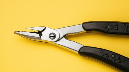 Close-up of precision pliers on a yellow background.  Detailed view of the tool's metallic blades and black handles