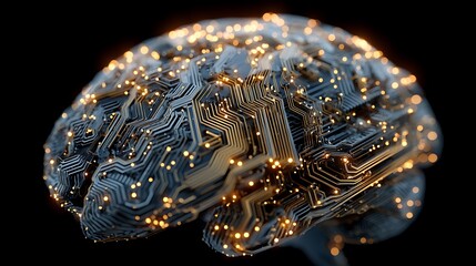 Fototapeta premium Illuminated, brain shaped circuit on black background
