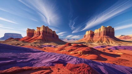Naklejka premium Vibrant desert landscape with majestic sandstone formations under a bright blue sky. The reddish-orange hues contrast beautifully with streaks of purple sand.