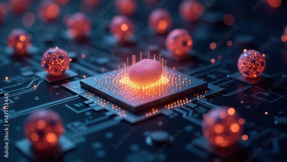 Poster glowing quantum processor chip at the center of a dark circuit board illuminated by bright luminous 