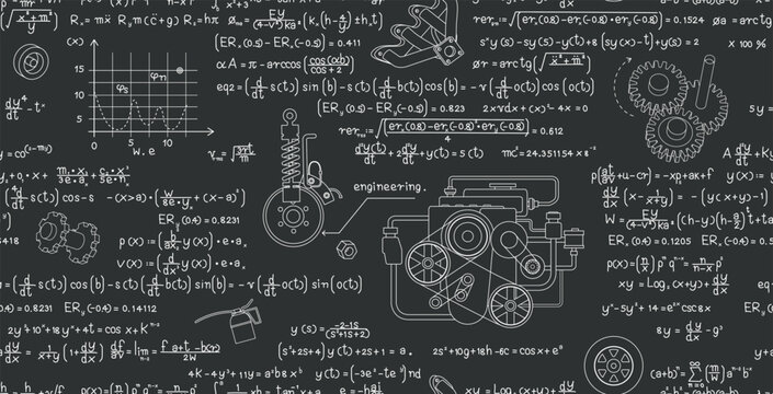 Mechanical and Engine Engineering Formulas on a Seamless Blackboard.