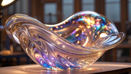 A stunning glass art piece. The iridescent colors and fluid design create a captivating visual experience. Its unique shape and texture make it a true masterpiece.