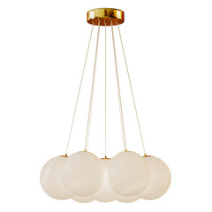 A gold and white chandelier with seven white globes hanging from it