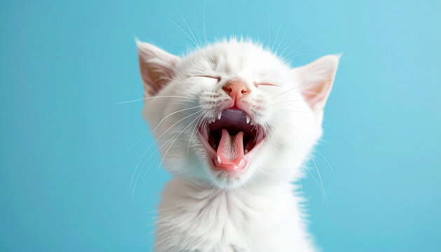 Retrato de un cachorro de gato blanco sano y feliz maullando con la boca abierta sobre un fondo azul