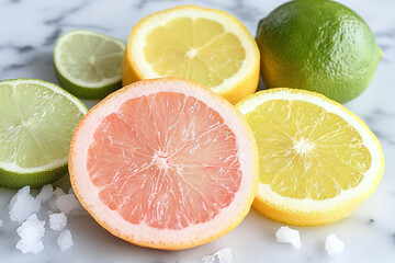 Colorful display of juicy citrus slices arranged artfully on a marble surface with salt crystals