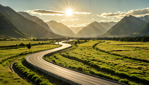 Le soleil se l&egrave;ve au-dessus d'une route sinueuse qui traverse une vall&eacute;e pittoresque.