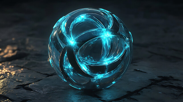 Sci-fi tech sphere resembling a fusion core with animated loops and rotating plates emitting soft glows 